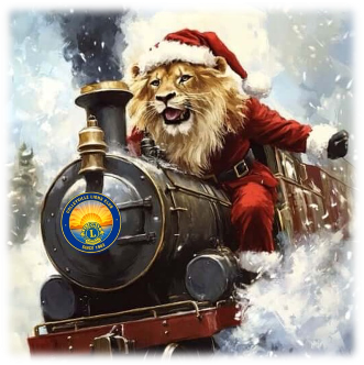The Lions Santa Express: a lion in a Santa suit riding a steam train
